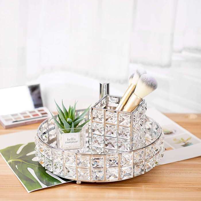 Feyarl Crystal Perfume Vanity Makeup Tray Mirrored Ornate Jewelry Trinket Tray Organizer Sparkly Bling Cosmetic Skin Care Decorative Tray with Glass Bottom Surface for Home Decor Dresser Desktop - Image 7