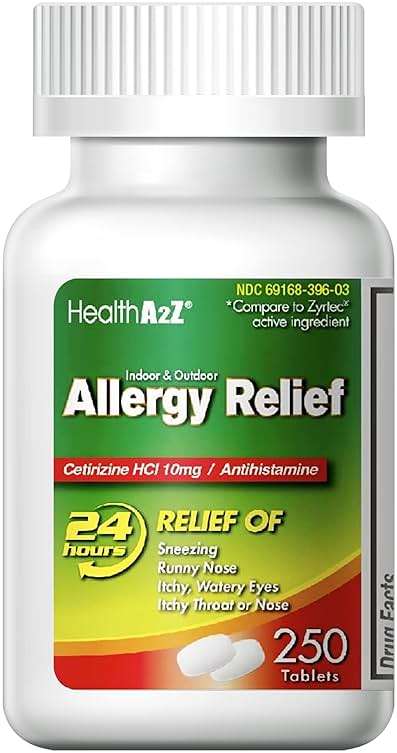 HealthA2Z® Allergy Relief | Cetirizine 10mg | All Day Allergy Relief | Indoor & Outdoor | Relief from Itchy Throat, Sneezing, Runny Noses (250 Count (Pack of 1)) - Image 1