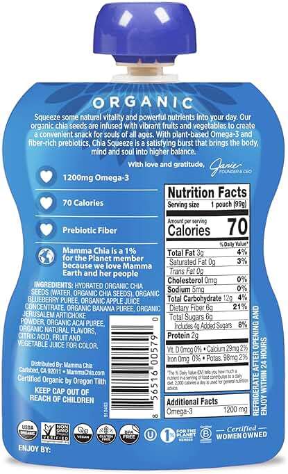 Mamma Chia Organic Prebiotic Squeeze Snack, Blueberry Acai, Fiber-Rich Prebiotic Gut Support, USDA Certified Organic, Non-GMO, Vegan, Gluten Free, 14 Ounce (Pack of 6) - Image 2