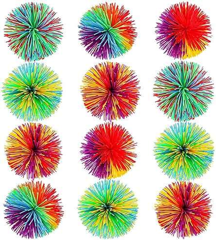 Leinuosen 12 Pieces Stringy Balls Sensory Stringy Ball End of Year Gifts Soft Rainbow Pom Bouncy Stress Bags Basket Stuffers Fillers Party Favors Birthday Gifts, Multicolor (2.75 Inch) - Image 1