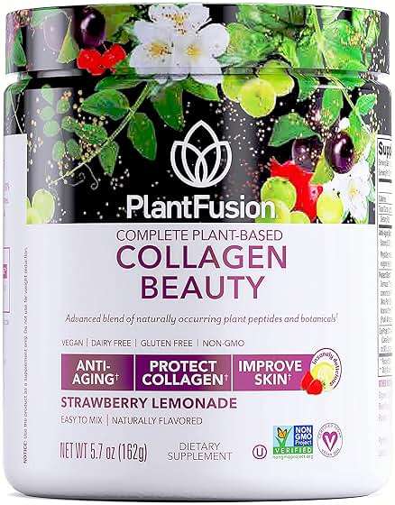 PlantFusion Vegan Collagen Beauty - Vegan Collagen Powder for Women - Hair Skin and Nails Vitamins - Gluten Free, Non-GMO, Non-Dairy (Strawberry Lemonade 18 Servings) - Image 1