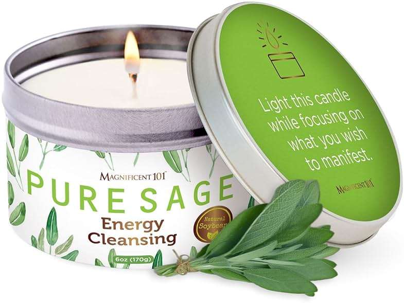 Magnificent 101 Long Lasting Pure White Sage Candle - 6 Oz - 35 Hour Burn Time - Organic, All Natural, Soy Candle to Cleanse Your Home & Calm, Soothe, Use with Sage Smudge Kit - Spiritual - Image 1