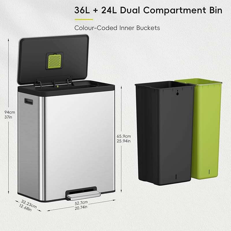 EKO EcoCasa II 36L+24L Dual Trash Can with Recycle Bin, Stainless Steel Garbage Can with Lid, Deodorizer Compartment, Odor-Proof and Fingerprint Resistant - Image 2