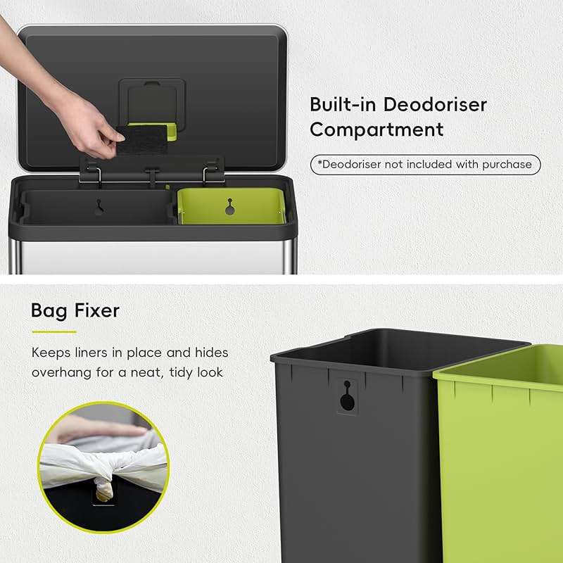 EKO EcoCasa II 36L+24L Dual Trash Can with Recycle Bin, Stainless Steel Garbage Can with Lid, Deodorizer Compartment, Odor-Proof and Fingerprint Resistant - Image 8