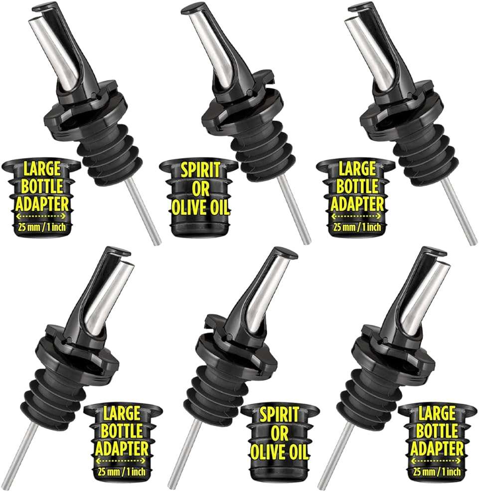 3-in-1 Liquor Pour spout with Built-in Fruit Fly Protection - Dishwasher Safe Hygienic Alcohol Speed Spouts - Also for Olive Oil, Juice, Syrup. Black 6 Pack with 6 Adapters for Large Neck Bottles - Image 1