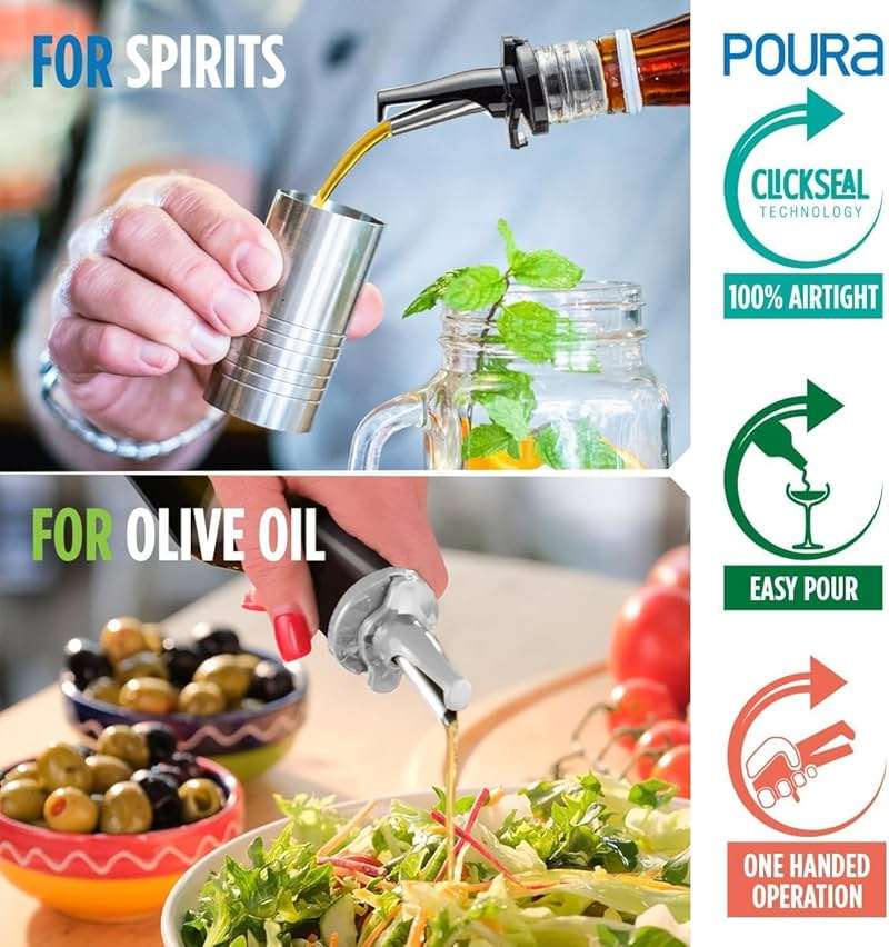 3-in-1 Liquor Pour spout with Built-in Fruit Fly Protection - Dishwasher Safe Hygienic Alcohol Speed Spouts - Also for Olive Oil, Juice, Syrup. Black 6 Pack with 6 Adapters for Large Neck Bottles - Image 2