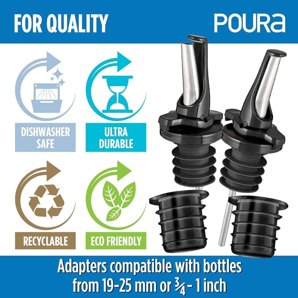 3-in-1 Liquor Pour spout with Built-in Fruit Fly Protection - Dishwasher Safe Hygienic Alcohol Speed Spouts - Also for Olive Oil, Juice, Syrup. Black 6 Pack with 6 Adapters for Large Neck Bottles - Image 3