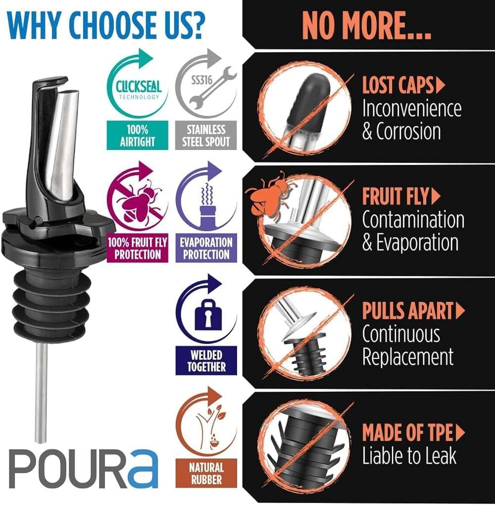 3-in-1 Liquor Pour spout with Built-in Fruit Fly Protection - Dishwasher Safe Hygienic Alcohol Speed Spouts - Also for Olive Oil, Juice, Syrup. Black 6 Pack with 6 Adapters for Large Neck Bottles - Image 4