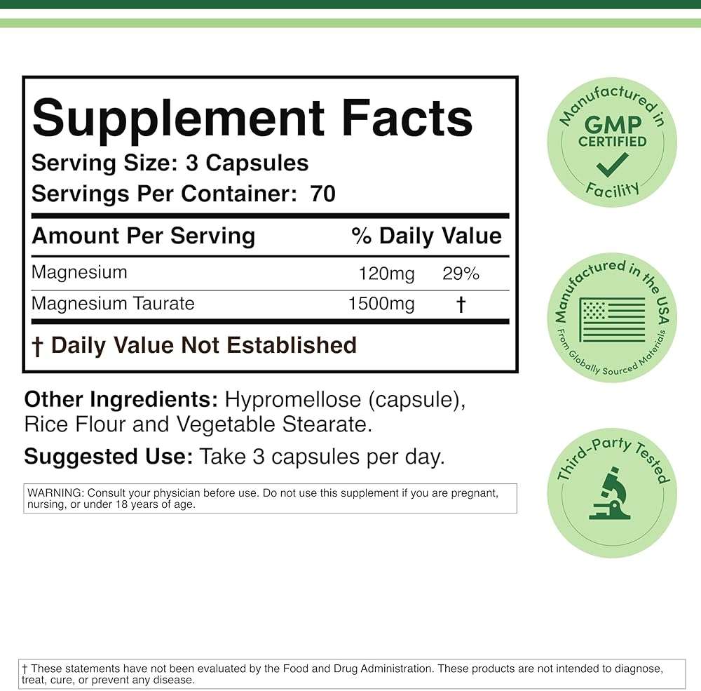Magnesium Taurate Supplement for Cardiovascular Health to Boost Magnesium Levels (1,500mg per Serving, 210 Vegan Capsules) Non-GMO, Gluten Free, by Double Wood Supplements - Image 2