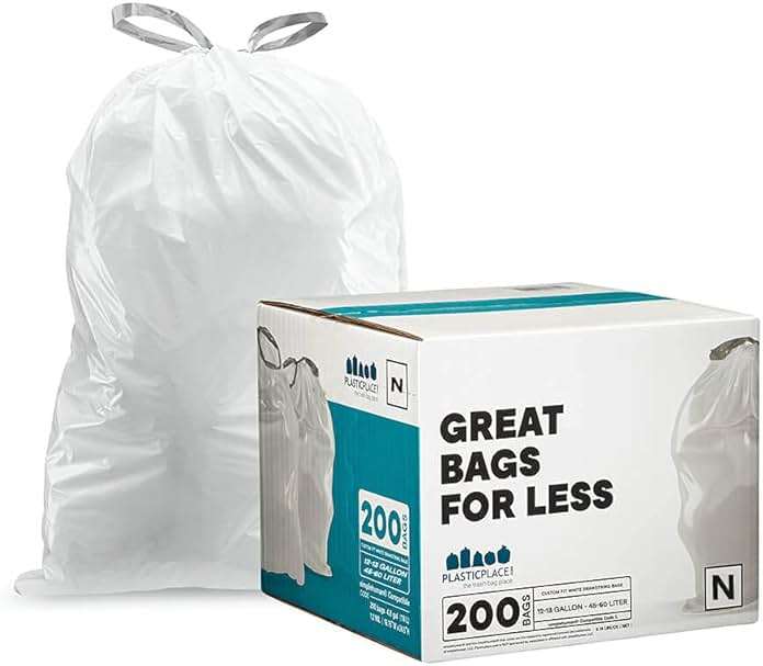 Plasticplace Custom Fit Trash Bags | Compatible with Simplehuman (x) Code N | (200 Count)│White Drawstring Garbage Liners 12-13 Gallon / 45-50 Liters│22.5" x 31.5" - Image 1
