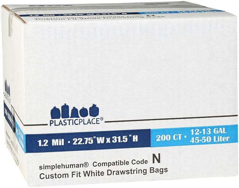 Plasticplace Custom Fit Trash Bags | Compatible with Simplehuman (x) Code N | (200 Count)│White Drawstring Garbage Liners 12-13 Gallon / 45-50 Liters│22.5" x 31.5" - Image 5