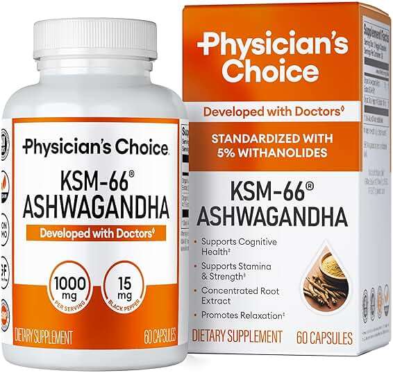 Physician's CHOICE KSM-66 Ashwagandha Root Powder Extract 1,000mg - Organic - with Black Pepper for Maximum Absorption - 5% Withanolides - Stress, Mood & Athletic Support - 60 Vegan Capsules - Image 1