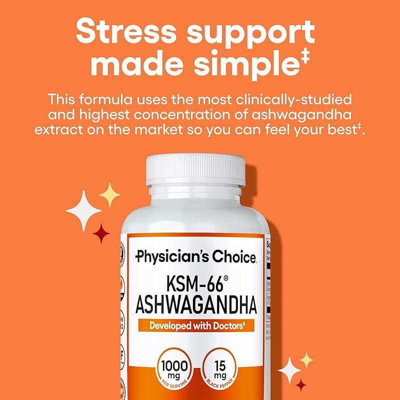 Physician's CHOICE KSM-66 Ashwagandha Root Powder Extract 1,000mg - Organic - with Black Pepper for Maximum Absorption - 5% Withanolides - Stress, Mood & Athletic Support - 60 Vegan Capsules - Image 2