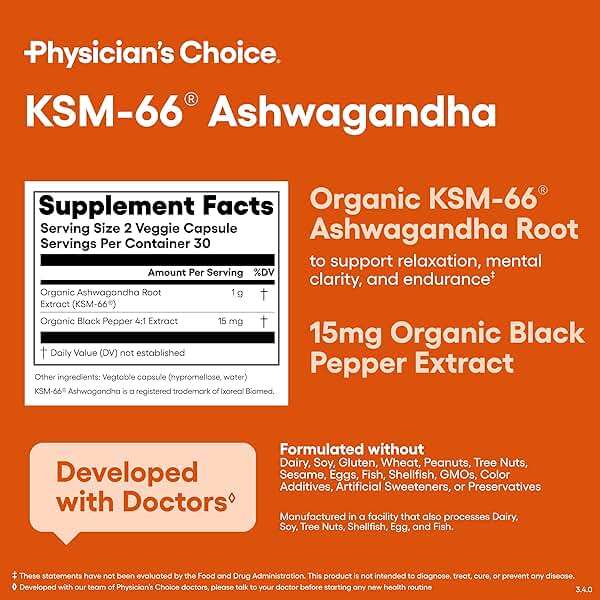 Physician's CHOICE KSM-66 Ashwagandha Root Powder Extract 1,000mg - Organic - with Black Pepper for Maximum Absorption - 5% Withanolides - Stress, Mood & Athletic Support - 60 Vegan Capsules - Image 6