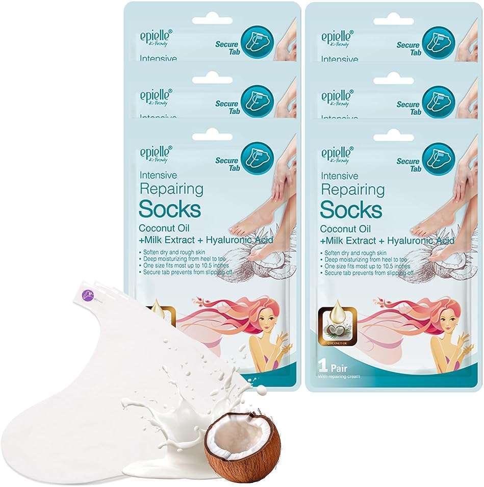 Epielle Intensive Repairing Foot Mask 6 Pairs, Soften with Coconut Oil & Milk Extract, Deep Moisturizing Socks for Dry, Cracked Feet, Self Care Gifts for Women, Spa Kit - Image 1