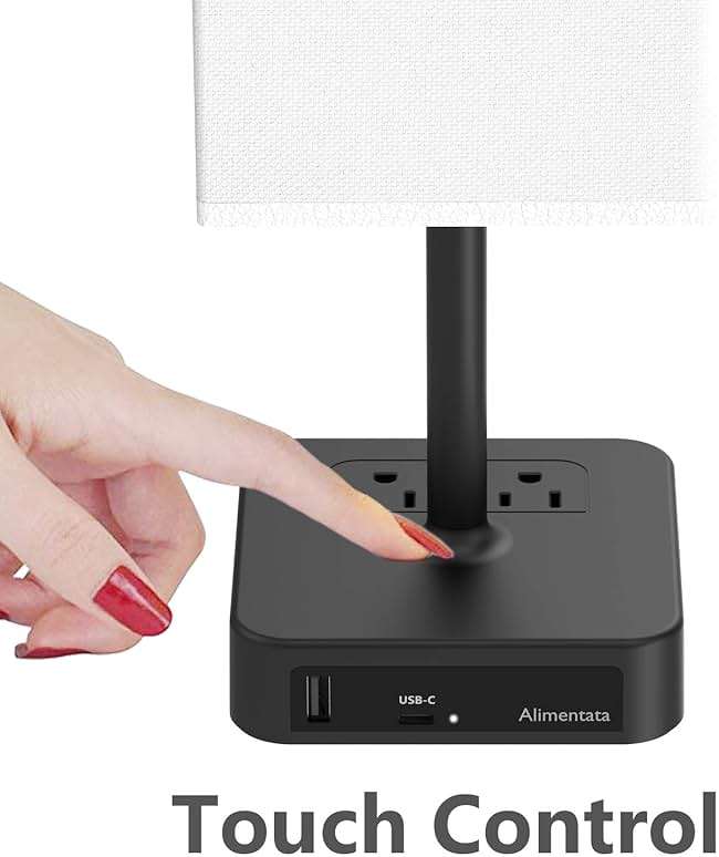 Alimentata Bedside Table Lamp with Touch Control & USB C+A Charging Ports LED Desk Lamp with 2 AC Outlets, Minimalist Nightstand Light with Black Fabric Shade for Bedroom, Living Room, Office, White - Image 2