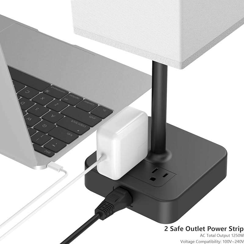Alimentata Bedside Table Lamp with Touch Control & USB C+A Charging Ports LED Desk Lamp with 2 AC Outlets, Minimalist Nightstand Light with Black Fabric Shade for Bedroom, Living Room, Office, White - Image 5
