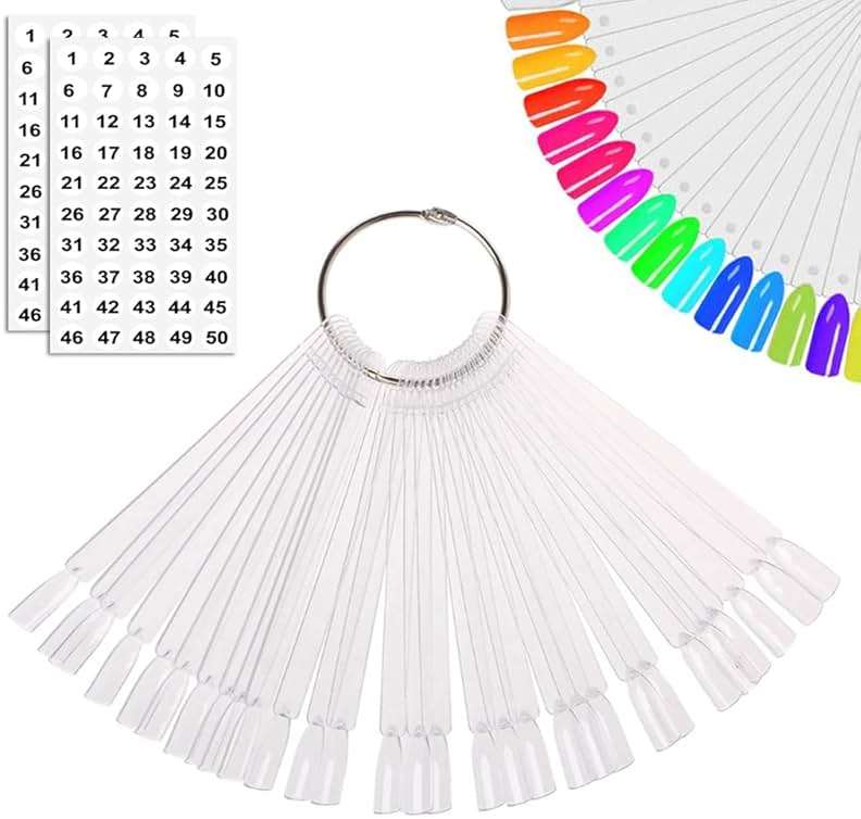 JASSINS 50 Pcs Nail Swatch Sticks with Ring and Numbered Tips - Clear Fan-shaped Display for Nail Art Polish Practice - Image 1