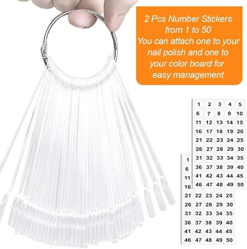 JASSINS 50 Pcs Nail Swatch Sticks with Ring and Numbered Tips - Clear Fan-shaped Display for Nail Art Polish Practice - Image 2
