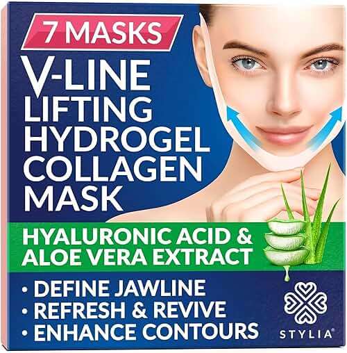 Stylia V Line Lifting Collagen Mask - Lift, Firm & Contour Jawline - Tightening Double Chin Strap with Hyaluronic Acid & Aloe - Neck Tightening and Lifting Mask - Jawline Shaper Face Lift Tape (7PC) - Image 1