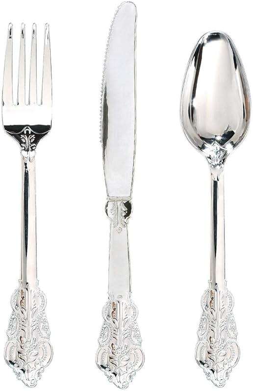 WDF 360 Pieces Silver Plastic Silverware- Disposable Flatware - Heavyweight Plastic Cutlery- Includes 120 Forks, 120 Spoons, 120 Knives for Christmas - Image 1