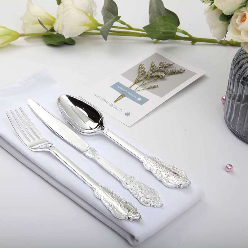 WDF 360 Pieces Silver Plastic Silverware- Disposable Flatware - Heavyweight Plastic Cutlery- Includes 120 Forks, 120 Spoons, 120 Knives for Christmas - Image 2