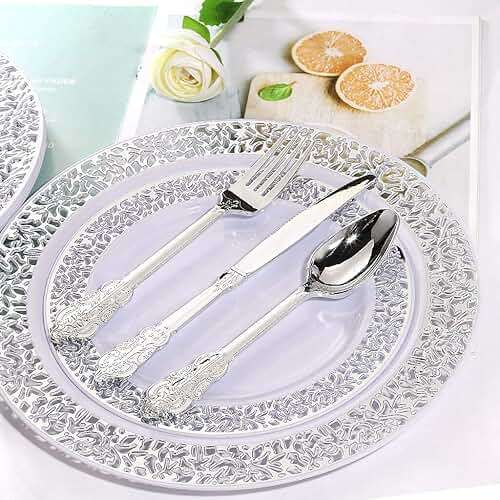 WDF 360 Pieces Silver Plastic Silverware- Disposable Flatware - Heavyweight Plastic Cutlery- Includes 120 Forks, 120 Spoons, 120 Knives for Christmas - Image 4