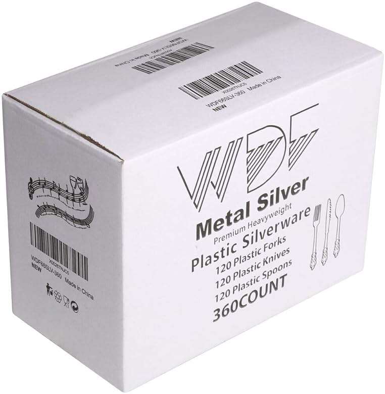 WDF 360 Pieces Silver Plastic Silverware- Disposable Flatware - Heavyweight Plastic Cutlery- Includes 120 Forks, 120 Spoons, 120 Knives for Christmas - Image 6
