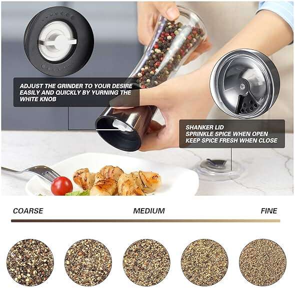 VEVOK CHEF Salt and Pepper Grinder Set Stainless Steel Black Salt and Pepper Mill with Adjustable Coarseness Salt Shaker Set Spice Grinder Black Pepper Grinder Refillable Home Kitchen - Image 4