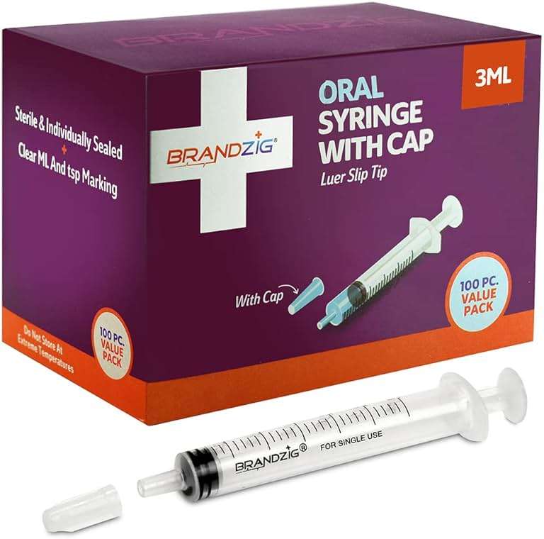 3ml Syringe With Cap (100 Pack) | Oral Dispenser Without Needle, Luer Slip Tip | Individually Wrapped Medicine Dropper For Infants & Pets - Image 1
