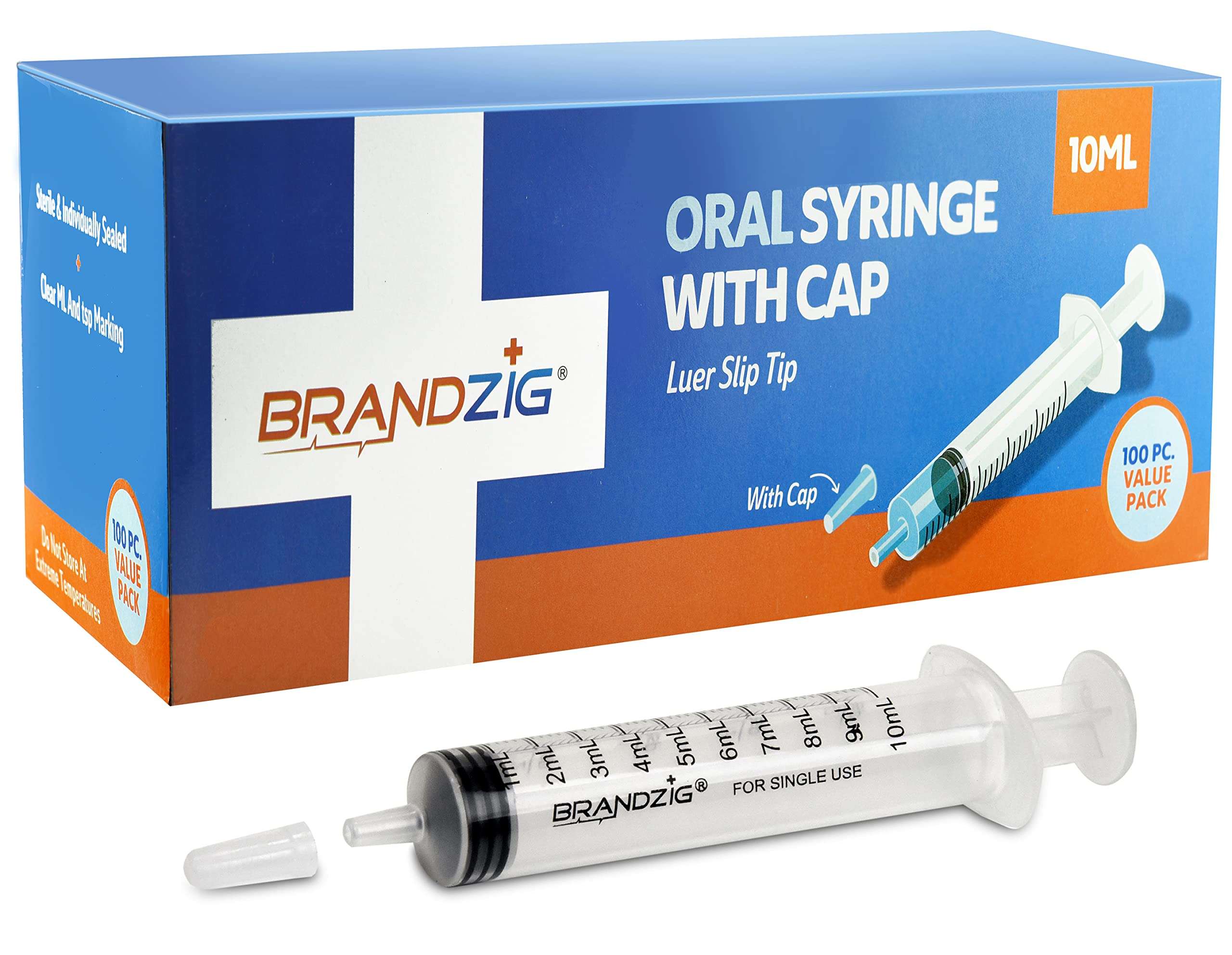 10ml Oral Syringe With Cap (100 Pack) | Oral Dispenser Without Needle, Luer Slip Tip | Individually Wrapped Medicine Dropper For Infants & Pets - Image 1
