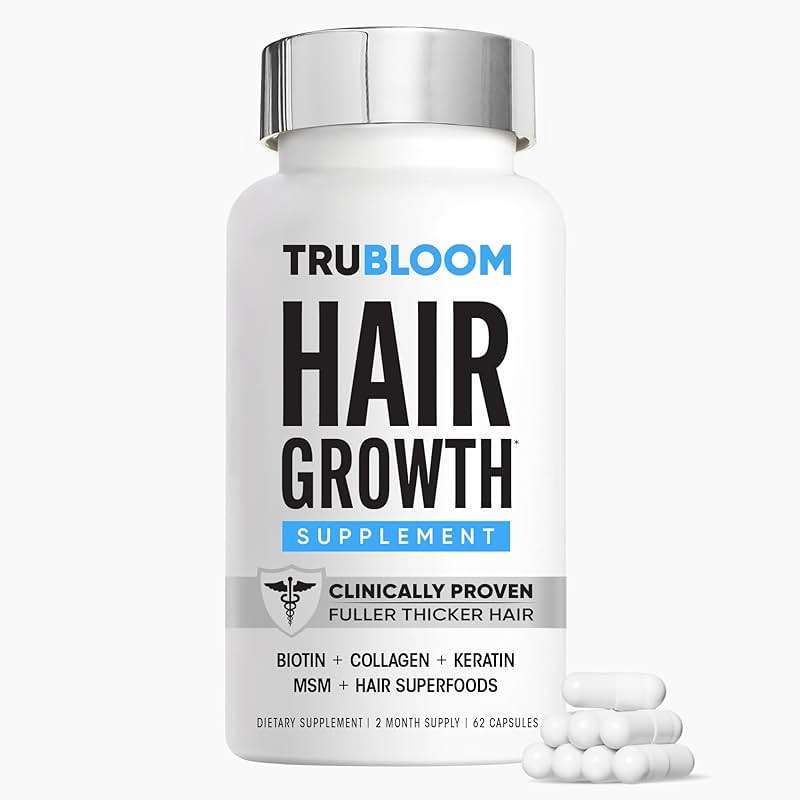 TRU BLOOM Hair Growth Vitamins | Clinically Proven Hair Supplement for Fuller, Thicker Hair | Biotin, Collagen, Keratin, MSM, Zinc, D3 + Hair Superfoods | 2 Month Supply - Image 1