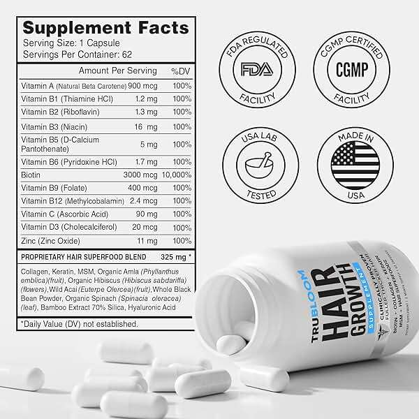 TRU BLOOM Hair Growth Vitamins | Clinically Proven Hair Supplement for Fuller, Thicker Hair | Biotin, Collagen, Keratin, MSM, Zinc, D3 + Hair Superfoods | 2 Month Supply - Image 2