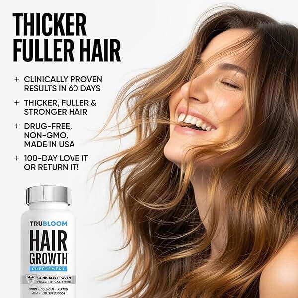 TRU BLOOM Hair Growth Vitamins | Clinically Proven Hair Supplement for Fuller, Thicker Hair | Biotin, Collagen, Keratin, MSM, Zinc, D3 + Hair Superfoods | 2 Month Supply - Image 7