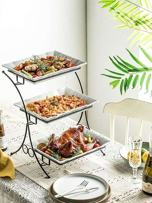 YHOSSEUN Large Tiered Tray Stand, 3 Tier Serving Tray Porcelain Baking Set with Serving Stand 3 Tier Buffet Server for Fruit, Dessert, Food Display Stand for Party, Thanksgiving - Image 2