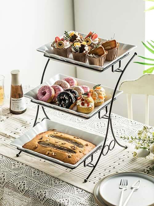YHOSSEUN Large Tiered Tray Stand, 3 Tier Serving Tray Porcelain Baking Set with Serving Stand 3 Tier Buffet Server for Fruit, Dessert, Food Display Stand for Party, Thanksgiving - Image 5