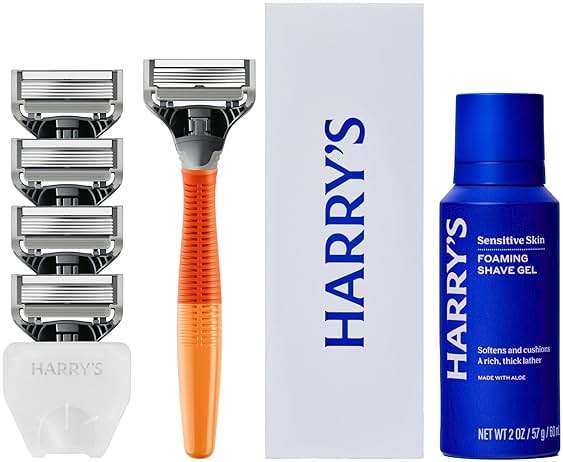 Harry's Original Shaving Kit for Men - Razor Handle, 5 Razor Blade Refills, Foaming Shave Gel, and Travel Blade Cover - TSA Approved Travel Essentials - German Engineered - Ember - Image 1