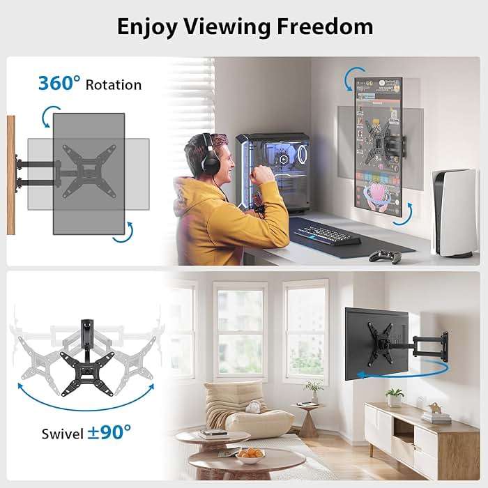 Pipishell Full Motion TV Wall Mount for Echo Show 21/15 and 13-43 Inch Flat Curved Screen TVs & Monitors, Max VESA 200x200mm up to 44lbs, TV Mount Wall Bracket with Rotation Swivel Tilt Extension - Image 3
