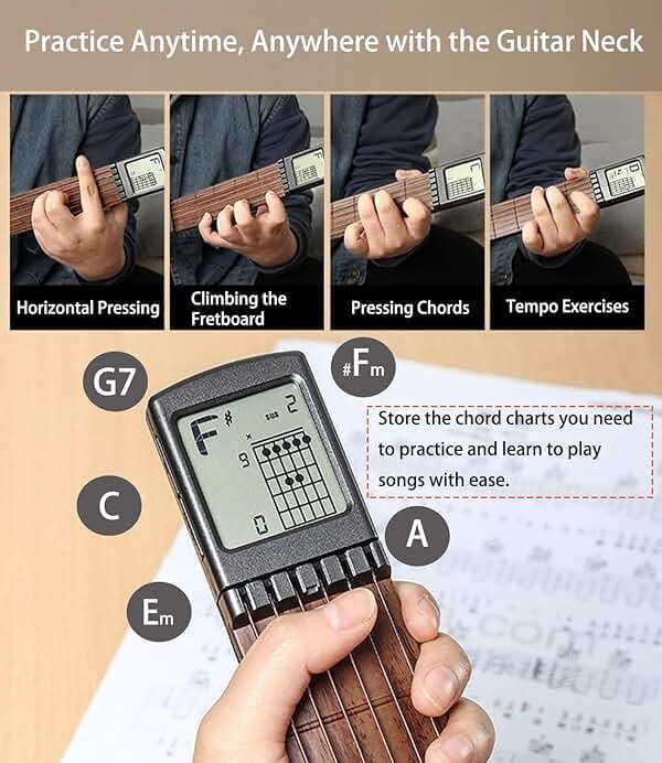 Pocket Guitar Chord Practice Tool, Portable Guitar Neck for Trainer Beginner w/a Rotatable Chords Chart Screen Battery Included - Image 3