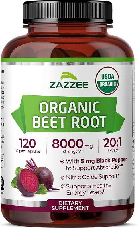 Zazzee USDA Organic Beet Root 20:1 Extract, 120 Vegan Quick Release Capsules, 4 Month Supply, Nitric Oxide Support, Black Pepper Extract for Enhanced Absorption, Certified Kosher, Non-GMO, Made in USA - Image 1