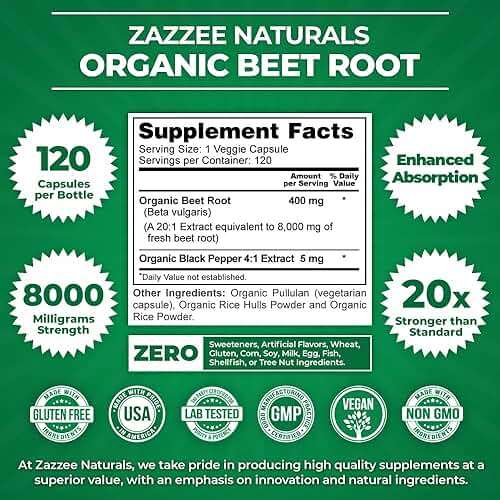 Zazzee USDA Organic Beet Root 20:1 Extract, 120 Vegan Quick Release Capsules, 4 Month Supply, Nitric Oxide Support, Black Pepper Extract for Enhanced Absorption, Certified Kosher, Non-GMO, Made in USA - Image 4