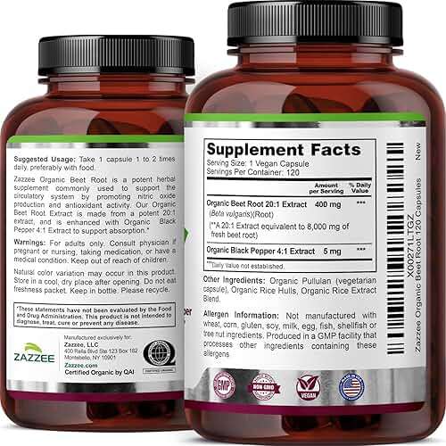 Zazzee USDA Organic Beet Root 20:1 Extract, 120 Vegan Quick Release Capsules, 4 Month Supply, Nitric Oxide Support, Black Pepper Extract for Enhanced Absorption, Certified Kosher, Non-GMO, Made in USA - Image 9