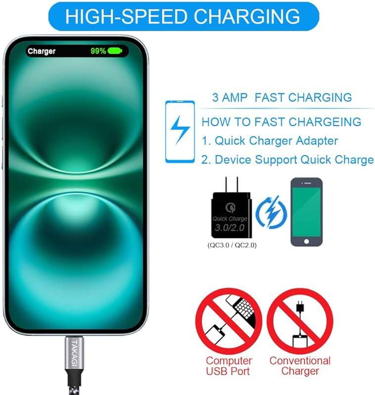 TAKAGI USB to USB C Cable (3Pack 6ft) USB A to Type C Cable Fast Charging Nylon Braided Data Sync Transfer Cord USB C Charger for iPhone 17 Pro Max/17 Air/16e/16 15 Pro/15 Plus/Galaxy S20 S10 Note 20 - Image 5