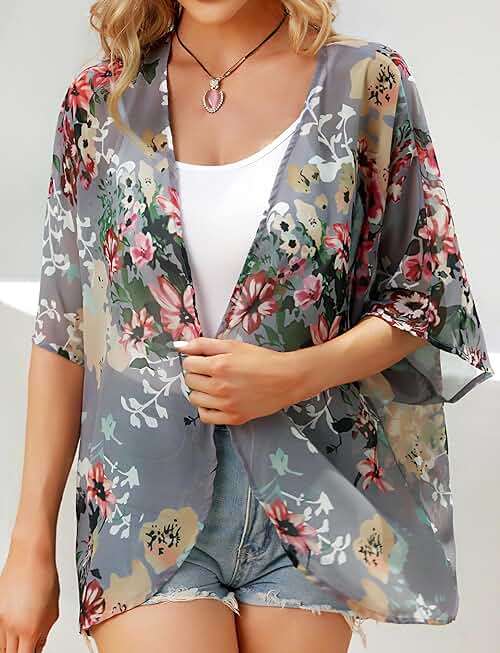 Women's Floral Print Puff Sleeve Kimono Cardigan Loose Cover Up Casual Blouse Tops 2026 - Image 5