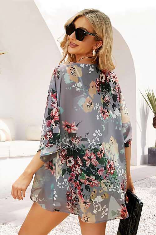 Women's Floral Print Puff Sleeve Kimono Cardigan Loose Cover Up Casual Blouse Tops 2026 - Image 7