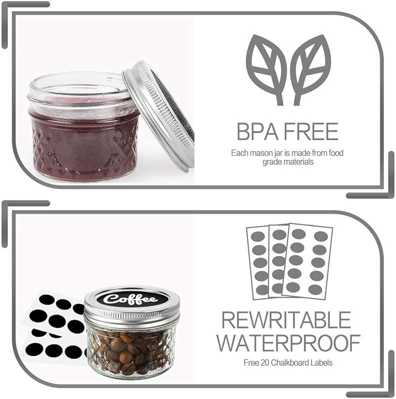 VERONES Mason/Canning Jars, 4 OZ Jelly Jars With Regular Lids and Bands, Ideal for Jam, Honey, Wedding/Shower Favors, DIY Spice Jars, 16 PACK, Extra 16 Lids - Image 4