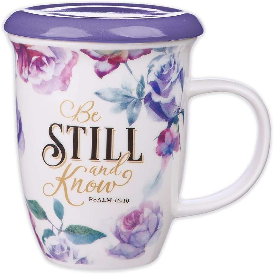 Christian Art Gifts Rose Floral Ceramic Coffee Mug with Purple Lid – 13 oz. Lead and Cadmium-free Inspirational Scripture Coffee and Tea Mug for Women with Bible Verse: Be Still and Know – Psalm 46:10 - Image 1