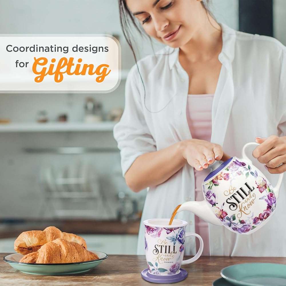 Christian Art Gifts Rose Floral Ceramic Coffee Mug with Purple Lid – 13 oz. Lead and Cadmium-free Inspirational Scripture Coffee and Tea Mug for Women with Bible Verse: Be Still and Know – Psalm 46:10 - Image 2