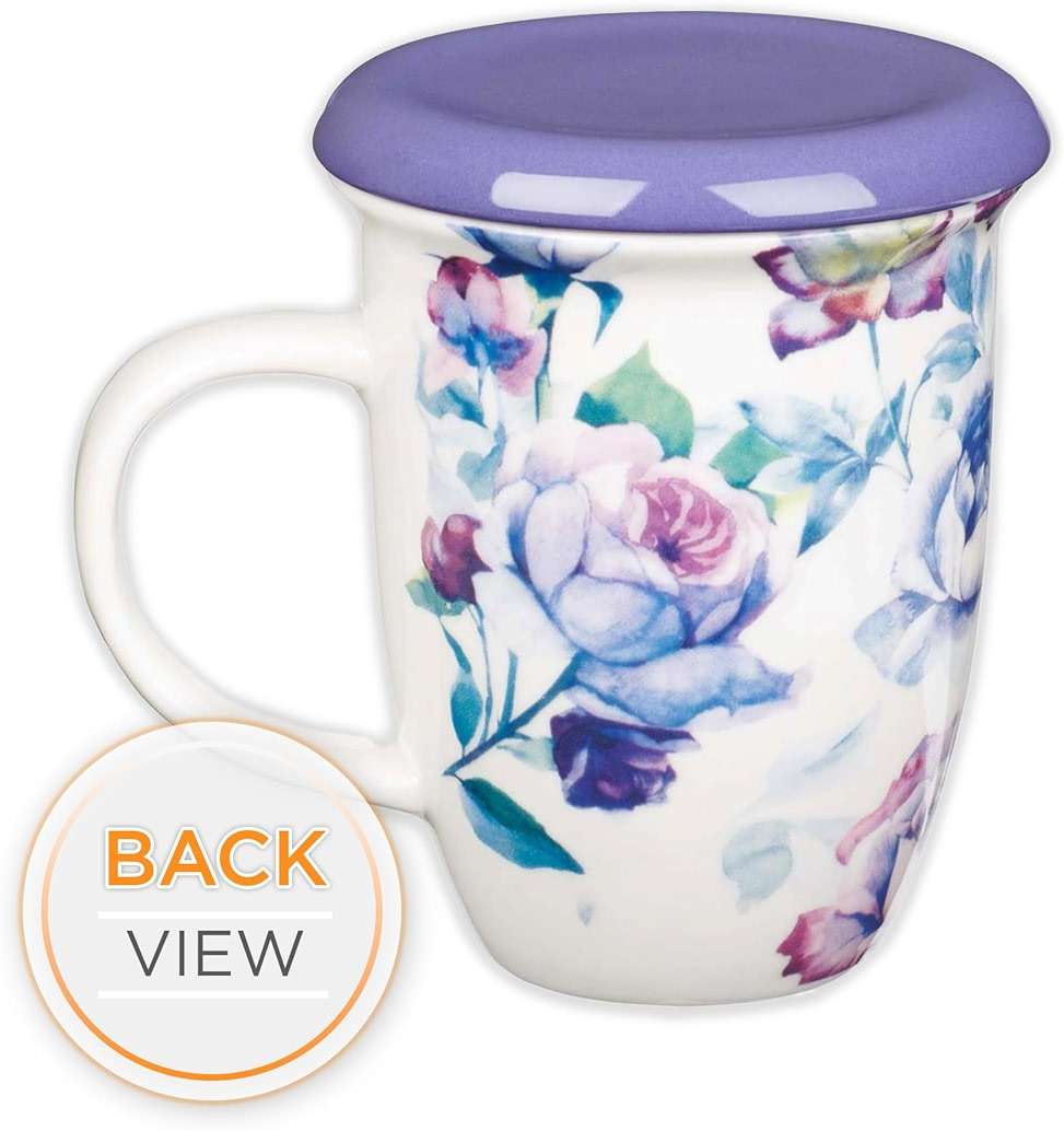 Christian Art Gifts Rose Floral Ceramic Coffee Mug with Purple Lid – 13 oz. Lead and Cadmium-free Inspirational Scripture Coffee and Tea Mug for Women with Bible Verse: Be Still and Know – Psalm 46:10 - Image 3