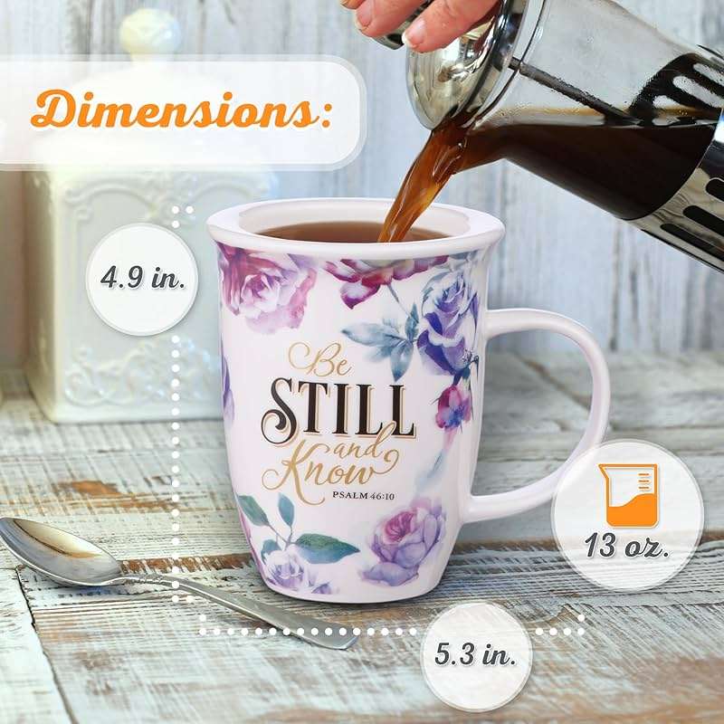 Christian Art Gifts Rose Floral Ceramic Coffee Mug with Purple Lid – 13 oz. Lead and Cadmium-free Inspirational Scripture Coffee and Tea Mug for Women with Bible Verse: Be Still and Know – Psalm 46:10 - Image 4
